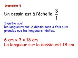 Diapositive 5

                          3
Un dessin est à l’échelle
                          1
Signifie que:
les longueurs sur le dessin sont 3 fois plus
grandes que les longueurs réelles.


6 cm x 3 = 18 cm
La longueur sur le dessin est 18 cm
 