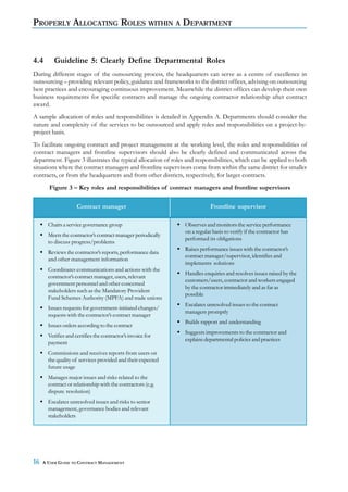 PROPERLY ALLOCATING ROLES WITHIN A DEPARTMENT


4.4       Guideline 5: Clearly Define Departmental Roles
During different stages of the outsourcing process, the headquarters can serve as a centre of excellence in
outsourcing – providing relevant policy, guidance and frameworks to the district offices, advising on outsourcing
best practices and encouraging continuous improvement. Meanwhile the district offices can develop their own
business requirements for specific contracts and manage the ongoing contractor relationship after contract
award.
A sample allocation of roles and responsibilities is detailed in Appendix A. Departments should consider the
nature and complexity of the services to be outsourced and apply roles and responsibilities on a project-by-
project basis.
To facilitate ongoing contract and project management at the working level, the roles and responsibilities of
contract managers and frontline supervisors should also be clearly defined and communicated across the
department. Figure 3 illustrates the typical allocation of roles and responsibilities, which can be applied to both
situations where the contract managers and frontline supervisors come from within the same district for smaller
contracts, or from the headquarters and from other districts, respectively, for larger contracts.
       Figure 3 – Key roles and responsibilities of contract managers and frontline supervisors

                     Contract manager                                     Frontline supervisor

       Chairs a service governance group                       Observes and monitors the service performance
                                                               on a regular basis to verify if the contractor has
       Meets the contractor’s contract manager periodically
                                                               performed its obligations
       to discuss progress/problems
                                                               Raises performance issues with the contractor’s
       Reviews the contractor’s reports, performance data
                                                               contract manager/supervisor, identifies and
       and other management information
                                                               implements solutions
       Coordinates communications and actions with the
                                                               Handles enquiries and resolves issues raised by the
       contractor’s contract manager, users, relevant
                                                               customers/users, contractor and workers engaged
       government personnel and other concerned
                                                               by the contractor immediately and as far as
       stakeholders such as the Mandatory Provident
                                                               possible
       Fund Schemes Authority (MPFA) and trade unions
                                                               Escalates unresolved issues to the contract
       Issues requests for government-initiated changes/
                                                               managers promptly
       requests with the contractor’s contract manager
                                                               Builds rapport and understanding
       Issues orders according to the contract
                                                               Suggests improvements to the contractor and
       Verifies and certifies the contractor’s invoice for
                                                               explains departmental policies and practices
       payment
       Commissions and receives reports from users on
       the quality of services provided and their expected
       future usage
       Manages major issues and risks related to the
       contract or relationship with the contractors (e.g.
       dispute resolution)
       Escalates unresolved issues and risks to senior
       management, governance bodies and relevant
       stakeholders




16   A USER GUIDE TO CONTRACT MANAGEMENT
 