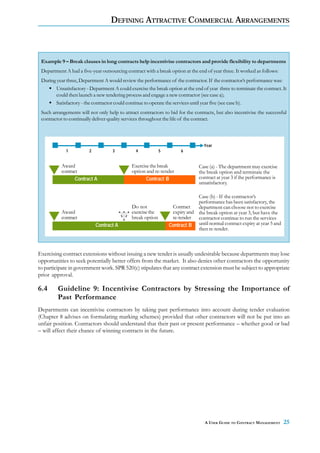 DEFINING ATTRACTIVE COMMERCIAL ARRANGEMENTS



 Example 9 – Break clauses in long contracts help incentivise contractors and provide flexibility to departments
 Department A had a five-year outsourcing contract with a break option at the end of year three. It worked as follows:
 During year three, Department A would review the performance of the contractor. If the contractor’s performance was:
       Unsatisfactory - Department A could exercise the break option at the end of year three to terminate the contract. It
       could then launch a new tendering process and engage a new contractor (see case a);
       Satisfactory - the contractor could continue to operate the services until year five (see case b).
 Such arrangements will not only help to attract contractors to bid for the contracts, but also incentivise the successful
 contractor to continually deliver quality services throughout the life of the contract.



                                                                                 Year
             1          2           3           4            5        6


           Award                              Exercise the break               Case (a) - The department may exercise
           contract                           option and re-tender             the break option and terminate the
                  Contract A                         Contract B                contract at year 3 if the performance is
                                                                               unsatisfactory.

                                                                             Case (b) - If the contractor’s
                                                                             performance has been satisfactory, the
                                              Do not              Contract   department can choose not to exercise
           Award                              exercise the        expiry and the break option at year 3, but have the
           contract                           break option        re-tender contractor continue to run the services
                            Contract A                           Contract B until normal contract expiry at year 5 and
                                                                             then re-tender.



Exercising contract extensions without issuing a new tender is usually undesirable because departments may lose
opportunities to seek potentially better offers from the market. It also denies other contractors the opportunity
to participate in government work. SPR 520(c) stipulates that any contract extension must be subject to appropriate
prior approval.

6.4      Guideline 9: Incentivise Contractors by Stressing the Importance of
         Past Performance
Departments can incentivise contractors by taking past performance into account during tender evaluation
(Chapter 8 advises on formulating marking schemes) provided that other contractors will not be put into an
unfair position. Contractors should understand that their past or present performance – whether good or bad
– will affect their chance of winning contracts in the future.




                                                                                  A USER GUIDE TO CONTRACT MANAGEMENT     25
 
