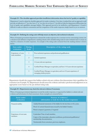 FORMULATING MARKING SCHEMES THAT EMPHASISE QUALITY OF SERVICE



 Example 33 – The checklist approach provides insufficient information about the level of quality or capability
 Department A used to adopt the checklist approach for tender evaluation. Over time, it realised that such an approach could
 provide an indication of “yes, they have it” or “no, they do not have it”, but did not help the department differentiate the
 level of quality and capabilities amongst bidders. This approach proved to be ineffective, and Department A found it
 difficult to make an objective assessment and fair comparison of the tender responses simply based on yes-no answers.



 Example 34 – Defining the rating scale will help ensure an objective, fair technical evaluation
 When a European government department evaluated the tender responses for a customer service outsourcing contract, the
 evaluation team defined a comprehensive marking scheme with a detailed rating scale for each evaluation item to ensure an
 objective evaluation of tender responses. An example of the rating scales extracted from the marking scheme is shown
 below:

     Item under           Rating                             Description of the rating scale
     evaluation           Scale

  Experience of core          1         Poor technical experience and professional qualifications
  team members
                              2         Limited experience

                              3         2-4 years relevant experience

                              4        Certified Project Manager or equivalent, and have 5-10 years relevant experience

                              5         Certified Project Manager or equivalent, and over 10 years experience of
                                        managing similar projects



Departments should also request that bidders submit relevant evidence that demonstrates their capabilities for
evaluation (see Example 35). Departments should assess the evidence and make a professional judgement on an
appropriate score based on the pre-defined rating scale.

 Example 35 – Departments may check the relevant evidence if necessary
 When a European government department scored the tender responses, it requested the bidders to submit relevant
 evidence and information for their assessment. Some examples are extracted below:

          Items under                                          Sources of evidence/
           evaluation                              information to look for in the tender responses

  Financial stability                 Audited financial statements of the bidder for the last three to five years;
                                      Proof of current financial status issued by the bidder’s banker;
                                      Parent company’s guarantee, if required.

  Experience of core team             Curriculum Vitae of each member;
  members
                                      Copies of the transcripts, education certificates, professional qualification/
                                      membership documentation;
                                      Testimonials from customers, previous employers.




48   A USER GUIDE TO CONTRACT MANAGEMENT
 