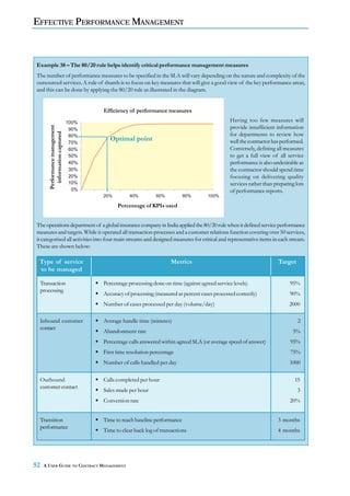 EFFECTIVE PERFORMANCE MANAGEMENT



Example 38 – The 80/20 rule helps identify critical performance management measures
The number of performance measures to be specified in the SLA will vary depending on the nature and complexity of the
outsourced services. A rule of thumb is to focus on key measures that will give a good view of the key performance areas,
and this can be done by applying the 80/20 rule as illustrated in the diagram.


                                        Efficiency of performance measures
                                 100%                                                            Having too few measures will
                                                                                                 provide insufficient information
        Performance management




                                  90%
                                                                                                 for departments to review how
          information captured




                                  80%
                                  70%
                                          Optimal point
                                          Optimal point                                          well the contractor has performed.
                                  60%                                                            Conversely, defining all measures
                                  50%                                                            to get a full view of all service
                                  40%                                                            performance is also undesirable as
                                  30%                                                            the contractor should spend time
                                  20%                                                            focusing on delivering quality
                                  10%                                                            services rather than preparing lots
                                   0%                                                            of performance reports.
                                        20%        40%          60%          80%       100%

                                              Percentage of KPIs used


The operations department of a global insurance company in India applied the 80/20 rule when it defined service performance
measures and targets. While it operated all transaction processes and a customer relations function covering over 50 services,
it categorised all activities into four main streams and designed measures for critical and representative items in each stream.
These are shown below:

 Type of service                                                      Metrics                                          Target
 to be managed

     Transaction                        Percentage processing done on time (against agreed service levels)                   95%
     processing
                                        Accuracy of processing (measured as percent cases processed correctly)               90%
                                        Number of cases processed per day (volume/day)                                       2000

     Inbound customer                   Average handle time (minutes)                                                            2
     contact
                                        Abandonment rate                                                                      5%
                                        Percentage calls answered within agreed SLA (or average speed of answer)             95%
                                        First time resolution percentage                                                     75%
                                        Number of calls handled per day                                                      1000

     Outbound                           Calls completed per hour                                                               15
     customer contact
                                        Sales made per hour                                                                      3
                                        Conversion rate                                                                      20%


     Transition                         Time to reach baseline performance                                             3 months
     performance
                                        Time to clear back log of transactions                                         4 months




52    A USER GUIDE TO CONTRACT MANAGEMENT
 