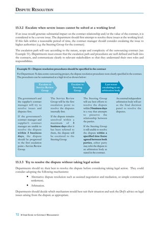 DISPUTE RESOLUTION



13.3.2 Escalate when severe issues cannot be solved at a working level
If an issue would generate substantial impact on the contract relationship and/or the value of the contract, it is
considered to be a severe issue. The department should first attempt to resolve these issues at the working level.
If this fails within a reasonable period of time, the contract manager should consider escalating the issue to
higher authorities (e.g. the Steering Group for the contract).
The escalation path will vary according to the nature, scope and complexity of the outsourcing contract (see
Example 51). Departments must ensure that the escalation path and procedures are well defined and built into
the contracts, and communicate clearly to relevant stakeholders so that they understand their own roles and
responsibilities.

 Example 51 – Dispute resolution procedures should be specified in the contract
 For Department A’s data centre outsourcing project, the dispute resolution procedures were clearly specified in the contract.
 The procedures can be summarised at a high level as shown below:

                      Escalate to                      Escalate to                        Last resort
                    Service Review                      Steering                       escalating to an
                        Group                            Group                         arbitration body

  The government’s and            The Service Review               The Steering Group               An external independent
  the supplier’s contract         Group will be the first          will use best efforts to         arbitration body will act
  manager will try to             escalation point to              resolve the dispute              as the final decision
  resolve issues and              resolve the disputes             within 3 business days           panel to resolve the
  disputes first.                 internally first.                in a way that attempts           disputes.
                                                                   to preserve the
  If the government’s             If the dispute remains
                                                                   relationship between
  contract manager and            unsolved within a
                                                                   the parties.
  supplier’s contract             maximum of 3
  manager are unable to           business days after it           If the Steering Group
  resolve the dispute             has been referred to             is still unable to resolve
  within 3 business               them, the dispute will           the dispute within a
  days, the dispute               be escalated to the              specified time frame
  should be progressed            Steering Group.                  agreed between both
  to the first escalation                                          parties, either party
  point – Service Review                                           may refer the dispute to
  Group.                                                           an arbitration body as
                                                                   stated in the contract.


13.3.3 Try to resolve the dispute without taking legal action
Departments should try their best to resolve the dispute before considering taking legal action. They could
consider adopting the following mechanisms:
              Alternative dispute resolution such as assisted negotiation and mediation, or simple commercial
              settlement;
              Arbitration.
Departments should decide which mechanism would best suit their situation and seek the DoJ’s advice on legal
issues arising from the dispute as appropriate.




72   A USER GUIDE TO CONTRACT MANAGEMENT
 