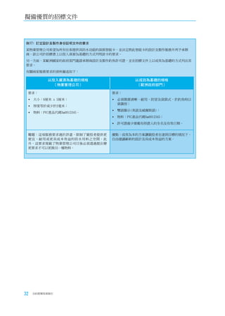 擬備優質的招標文件



例17﹕訂定設計及製作身份証明文件的要求
某物業管理公司希望為所有住客提供具防水功能的袋裝智能卡，並決定將此智能卡的設計及製作服務外判予承辦
商。該公司於招標書上以投入資源為基礎的方式列明該卡的要求。
另一方面，某歐洲國家的政府部門邀請承辦商設計及製作釣魚許可證，並在招標文件上以成效為基礎的方式列出其
要求。
有關兩家服務要求的資料撮述如下：

          以投入資源為基礎的規格               以成效為基礎的規格
            （物業管理公司）                 （歐洲政府部門）

 要求：                       要求：

  大小：6厘米 x 5厘米；           	必須簡潔清晰、耐用、防冒及袋裝式，於釣魚時以
                             資識別；
  厚度等於或少於2毫米；
                           	雙語顯示(英語及威爾斯語)；
  物料：PVC產品代碼Xm0012345。
                           	物料：PVC產品代碼Xm0012345；
                           	許可證最少需載有持證人的全名及有效日期。


 難題：這項服務要求過於詳盡，限制了競投者提供更   優點：成效為本的方案讓競投者在達到目標的情況下，
 便宜、耐用或更具成本效益的防水用料之空間。此    自由建議嶄新的設計及具成本效益的方案。
 外，這要求規範了物業管理公司日後必須透過提出變
 更要求才可以更換另一種物料。




32   合約管理用者指引
 