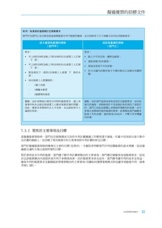 擬備優質的招標文件



例18﹕為清潔街道服務訂定服務要求
部門甲及部門乙各自將其街道清潔服務外判予服務供應商，並分別採用了以下兩種方法列出其服務要求：

         投入資源為基礎的規格                   成效為基礎的規格
            （部門甲）                       （部門乙）

 要求：                          要求：

 	早上6時至8時及晚上7時至9時有3名清潔工人打掃    路上不可有垃圾、廢物及餘屑；
   ‘X’街；
                               清除塗鴉(如有發現)；
 	早上6時至8時及晚上7時至9時有4名清潔工人打掃
                              	渠道及管道不可有淤塞；
   ‘Y’街；
                              	於15分鐘內回應有地方不潔的報告以及解決有關問
 	緊急情況下，提供2名渠務工人清潔‘Y’街的水
                                題。
   渠；

 	每名渠務工人需獲提供：
  -    1個工具箱
  -    1條輸水軟管
  -    2個標準的吸管

 難題：由於承辦商只需符合列明的服務要求，遇上突      優點：由於部門是按成果和成效訂出服務要求，而非按
 發事件時未必能安排清潔工人解決渠務淤塞的問題。      執行的過程，承辦商須於不受資源約束的情況下達到目
 因此，僅要求承辦商作出人手安排，未必能取得令人      的。部門乙因此毋需擔心承辦商所需動用的資源，而可
 滿意的效果。                       更專注承辦商所提供服務的質素。此舉幫助部門減輕其
                              監察工作的負擔，最終節省16%成本，令雙方享有雙贏
                              的好處。




7.3.2	 聚焦於主要事項及目標	
當擬備服務規格時，部門往往被複雜而冗長的外判計劃籌備工作壓得透不過氣，忙亂中容易把注意力集中
在計劃的細節上，而忽略了現有服務中的主要事項和外判計劃的原定目標。

部門於擬備服務規格時應專注主要的目標(見例20)，令競投者明瞭部門外判有關服務的基本理據，從而建
議最合適的方案以達到所需的目標。

對於那些從未外判的服務，部門應了解外判計劃要解決的主要事項。部門應仔細檢查每項服務要求，從而
決定該服務應由內部提供或外判予承辦商負責。由於服務要求涉及成本，部門應考慮外判的成本及效益，
確保外判的服務要求及範圍能針對需要解決的主要事項(有關如何選擇業務模式和包羅多項服務外判，請參
考第5.3節)。




                                                 合約管理用者指引   33
 