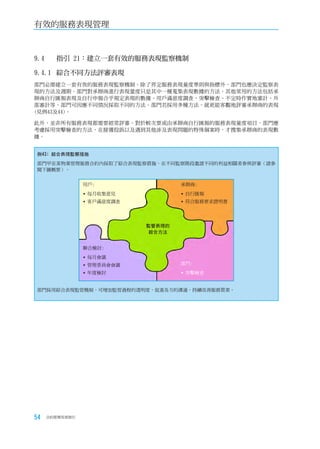 有效的服務表現管理



9.4		 指引	21：建立一套有效的服務表現監察機制

9.4.1		綜合不同方法評審表現
部門必需建立一套有效的服務表現監察機制。除了界定服務表現量度準則與指標外，部門也應決定監察表
現的方法及週期。部門對承辦商進行表現量度只是其中一種蒐集表現數據的方法，其他常用的方法包括承
辦商自行匯報表現及自行申報合乎規定表現的數據、用戶滿意度調查、突擊檢查、不定時作實地審計、外
部審計等，部門可因應不同情況採取不同的方法。部門若採用多種方法，就更能客觀地評審承辦商的表現
(見例43及44)。

此外，並非所有服務表現都需要經常評審。對於較次要或由承辦商自行匯報的服務表現量度項目，部門應
考慮採用突擊檢查的方法，在接獲投訴以及遇到其他涉及表現問題的特殊個案時，才搜集承辦商的表現數
據。


例43﹕綜合表現監察措施
部門甲在某物業管理服務合約內採取了綜合表現監察措施，在不同監察階段邀請不同的利益相關者參與評審（請參
閱下圖概要）。


                用戶:                 承辦商:

                 每月收集意見             自行匯報
                 客戶滿意度調查            符合服務要求證明書




                            監管表現的
                             綜合方法


                聯合檢討:

                 每月會議
                 管理委員會會議           部門:

                 年度檢討               突擊檢查


部門採用綜合表現監管機制，可增加監管過程的透明度，促進各方的溝通，持續改善服務質素。




54   合約管理用者指引
 