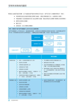 管理與承辦商的關係


單靠設立適當的監管架構，並不能確保部門能與承辦商合作成功。部門亦須引入相關管理程序，例如：

        	與督導委員會及高級管理層定期舉行會議，以釐定策略發展方向，並處理重大事務；

        	與服務檢討小組或服務使用者小組定期舉行會議，藉此收集意見及瞭解不斷變化的經營環境；

        	處理各項事故及風險；

        	檢討合約；

        	收集意見，設立持續改善機制。

例46﹕服務若干客戶部門的數據中心的外判合約之監管架構
部門甲就數據中心外判項目設立一個兩層監管架構，以管理合約在策略層面及營運方面的事宜。監管架構由部門甲
的代表、使用服務的政府部門及承辦商組成。下圖概述該監管架構的組織，其成員、彼此角色及責任。


                                        督導委員會的        供應商的
                             督導委員會
                                         年度會議        高級管理層



                                       服務檢討小組的       供應商的
                             服務檢討小組
                                         每月例會        客戶經理



                 與使用服務的        政府                    供應商的
     各個政府部門
                 部門舉行會議       合約經理                   合約經理




                        成員                   角色及責任


 督導委員會       政府一名高級管理層代表(主席)          界定整體合約框架及策略發展方向；
             政府的合約經理                  確保達到合約的目標；
             承辦商的高級管理人員               協助承辦商瞭解政府在相關服務上的業務
                                        計劃、未來目標及業務改善策略；
             承辦商的客戶經理
                                       確保建議中的提升業務表現計劃實際可
             承辦商的合約經理
                                        行，以改善服務質素，擴大政府可享的服
             臨時利益相關者(如適用)，須獲其中一方       務價值；
              提名，並事先獲另一方同意
                                       確保合約的範圍及性質持續符合政府不斷
             與個別事項有關的其他臨時成員，須獲其        轉變的需要。
              中一方提名，並事先獲另一方同意


 服務檢討小組  政府的合約經理(主席)                  監督外判服務的運作、更改審批程序、服
                                        務收費事宜及任何合約更改建議。
             政府的項目經理
             政府的保安事務經理
             承辦商的合約經理
             承辦商的數據中心經理
             承辦商的保安事務經理
             臨時利益相關者(如適用)，須獲其中一方提
              名，並事先獲另一方同意



58   合約管理用者指引
 