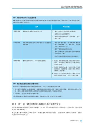 管理與承辦商的關係



例47﹕複雜的大型外判合約之監管架構
某歐洲政府部門透過一份客戶服務合約外判多項服務。鑑於合約的複雜性及規模，該部門設立一個三層監管架構，
每層的角色及責任表列如下：


                  成員                    角色及責任

 董事管理層   承辦商的董事會成員及政府代表          檢討及評估合約的成效與雙方關係；
                                 定期檢討合約及相關表現；
                                 處理按照糾紛處理程序上呈的個案，尋求
                                  解決方案。


 中級管理層   服務承辦商及政府的高級管理成員，向董事管    檢討合約運作情況，識別風險與潛在問
         理層匯報                     題，並展開補救工作，確保該等工作及時
                                  完成並達到應有水平；

                                 處理下層架構未能解決的糾紛；
                                 確保合約雙方的高級經理充份及準確理解
                                  合約內容及其運作；

                                 評估雙方就提供服務所須的技術及資源。


 服務管理層   雙方的管理層員工，向中級管理層匯報       監察及檢討提供的服務及服務承諾的履行
                                  情況、客戶關係及滿意度、合約程序的執
                                  行與品質管理；

                                 監督管理團隊的會議，包括但不限於持續
                                  服務提升、服務管理、保安事務及業務持
                                  續性的工作會議；

                                 解決各方之間出現的糾紛，若未能於合理
                                  時間內解決該等糾紛，則上呈中級管理層。




例48﹕某康樂設施管理服務合約的監管架構
部門甲向一家承辦商外判地區康樂設施管理服務，並設立一個兩層合約監管架構：

 設立聯合管理團隊，成員包括總部、地區場地經理及承辦商的代表。團隊定期舉行會議，檢討服務表現與合約事
  宜。團隊亦鼓勵場地經理直接向承辦商的高級管理層表達意見(不論正面或負面)；

 另設聯合工作小組，處理日常營運事務。
於管理及前線工作層面提倡坦誠開放的溝通，有助提升合約雙方的交流，促進瞭解。




10.4	 指引	23：建立互相信任的關係及勇於承擔的文化
部門與承辦商應在預先訂立的監管架構上，建立互相信任的關係及勇於承擔的文化，同時設立可靠的溝通
框架及資料通報程序。

雙方不應以遵守合約條文為唯一依歸，而應透過坦誠與緊密的對話，培養合作與互相信任的關係，並致力
為對方取得成功而努力。



                                             合約管理用者指引   59
 