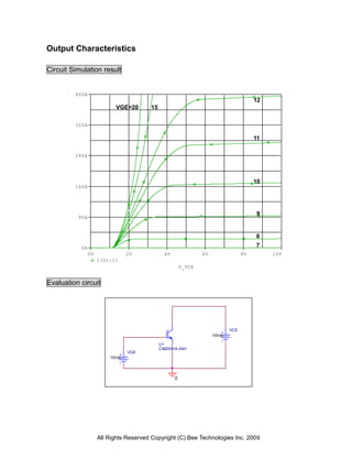 Output Characteristics

Circuit Simulation result


         400A
                                                                                          12
                           VGE=20         15
                                      V
         320A

                                                                                          11

         240A




                                                                                          10
         160A




                                                                                           9
          80A


                                                                                          8
           0A                                                                             7
                0V               2V              4V               6V                 8V        10V
                     I(U1:C)
                                                          V_VCE


Evaluation circuit




                                                                               VCE
                                                                       10Vdc

                                               U1
                                               CM200HA-24H
                                 VGE
                         15Vdc




                                                      0




                     All Rights Reserved Copyright (C) Bee Technologies Inc. 2009
 