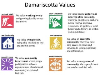 Damariscotta Values
We value working locally
and growing locally owned
businesses.
We value living locally,
being able to afford to live
and shop in Town.
We value community
involvement where people
participate in schools,
organizations, churches and
community events and
festivals.
We value an accessible
community where we have
easy access to goods and
services, to local government
and information.
We value having culture and
nature in close proximity,
where we might see a seal or a
moose but we also have
restaurants, art galleries, local
theater and a library, all within
walking distance.
We value a strong sense of
community where people trust
one another and feel safe.
 