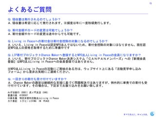 15


褯뤴|
.IϰkФΤǤ礦
.IϣˏꤸưkФޤlȤһ핰kФޤ

.ĸ~䥫`ɤΉϿܤǤ礦
.ĸ~䥫`ɤΉ;ФǤܤǤ

.Living in PeaceؤμĸϼĸسΌˤʤΤǤ礦
.Living in PeaceJNPOˤǤϤʤᡢĸسΌˤϤʤޤ󡣬FJ
NPOˤYȡä뤿˜ʂФǤ

.LIPĸץChance MakerصhNPOLiving in PeaceλTˤʤޤ
.ĸץChance MakerQgƥࡸãΣУΥЩ`ؤΡҎT
hNPOLiving in PeaceؤλThǤϤޤ

NPOLiving in PeaceλӤˤdζΤ뷽ϡ֥Ϥˤ롸Ҋѧꤷz
ե`ࡹǷǤXˤBj

.һؤμĸܤƤޤ
. Chance MakerȤּϾ@AĤ֧Ԯ˻Ť}QǤϤޤĤ˅gkǤμĸ
ƤޤΈϤϡӛޤǤzߤ¤ޤ

ߤyУ0001T֧꣨046
ͨ 4109587
x ضǆӷLiving in Peace
ʱӛ ȥңLIVING IN PEACE




                                                   ٤Ƥˤˡ󥹤
 