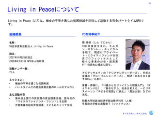 16


Living in PeaceˤĤ
Living in Peace (LIP)ϡCƽȤؚͨpĿָƻӤȫѩ`ȥNPO



MҪ                           ½B

ƣ                             ̩ Ƥ
ضǆӷ Living in Peace      1981  |        
                               ?`?ԥ
                               UơFڤϥץ饤٩`
O
                               ?ƥեɤͶ
20071028O                  YץեʥȤ
2009413 NPO˸ȡ            Iη?ͶYg
                               ?ͶYȤνUӤv롣
ӥЩ`
70                            ƥΡ󥰥``ܥ
                               hΡ`Х륷`ѩ`AERAձֱ
ߥå                         100ˡx
? CƽȤؚͨp
                               ?ĸˡ15rΥեʥՓT
? ѩ`ȥǤؕ׻ӤΥ`ǥ      磩Pʤ顢䤨롣`ӥ
                               ѩ`ӤɤؚࡹӢγ棩ʤɤ
ʻ                         롣
? ;ϹǤؚӤY{_֧Ԯڳ
  ޥեʥ?եɡ         rѧУνUgѧѧ䣨˘أ
? ͯBoʩOY{_ӤɤΥꥢ֧Ԯ       Rѧʿ^ˣեʥ󥹣


                                                          ٤Ƥˤˡ󥹤
 