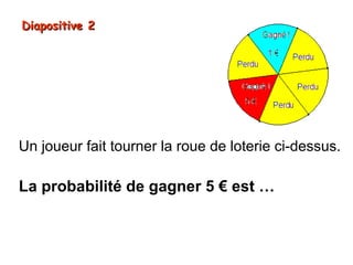 Diapositive 2




Un joueur fait tourner la roue de loterie ci-dessus.

La probabilité de gagner 5 € est …
 