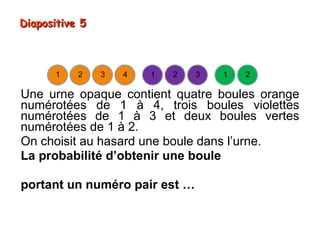 Diapositive 5



      1    2    3   4   1   2   3   1   2

Une urne opaque contient quatre boules orange
numérotées de 1 à 4, trois boules violettes
numérotées de 1 à 3 et deux boules vertes
numérotées de 1 à 2.
On choisit au hasard une boule dans l’urne.
La probabilité d’obtenir une boule

portant un numéro pair est …
 