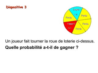 Diapositive 3




Un joueur fait tourner la roue de loterie ci-dessus.
Quelle probabilité a-t-il de gagner ?
 