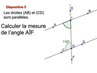 Diapositive 5Diapositive 5
Les droites (AB) et (CD)Les droites (AB) et (CD)
sont parallèles.sont parallèles.
Calculer la mesureCalculer la mesure
de l’angle AÎFde l’angle AÎF..