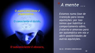 O superconsciente é
expectativo...
O consciente é lúcido,
O subconsciente é obscuro,
30
*
Estamos numa fase de
transição para novas
aquisições: por isso
temos que habilitar o
comportamento sábio,
fraterno e amoroso para
ser automático em nós e
abrir possibilidades de
outras aquisições.
CM 22 – ESTADOS CONSCIENCIAIS
 