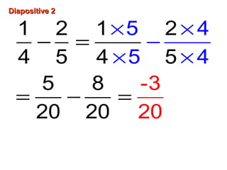 Diapositive 2Diapositive 2
− =
= − =
× ×
−
× ×
1 2 1 2
4 5 4 5
5 8
20 2
5 4
4
0
5
-3
20
