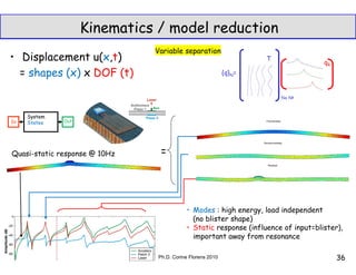 Kinematics / model reduction
• Displacement u(x,t)
= shapes (x) x DOF (t) {q}N=
qR
Nx NR
T
Ph.D. Corine Florens 2010
In Out
System
States
Quasi-static response @ 10Hz =
• Modes : high energy, load independent
(no blister shape)
• Static response (influence of input=blister),
important away from resonance
36
Variable separation
 