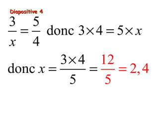 Diapositive 4Diapositive 4
3 5
donc 3 4 5
4
3 4
d
12
2,4onc
5 5
x
x
x
= × = ×
×
== =
 