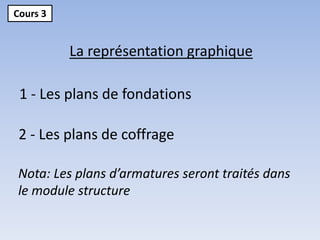 Cours 3
La représentation graphique
2 - Les plans de coffrage
Nota: Les plans d’armatures seront traités dans
le module structure
1 - Les plans de fondations
 