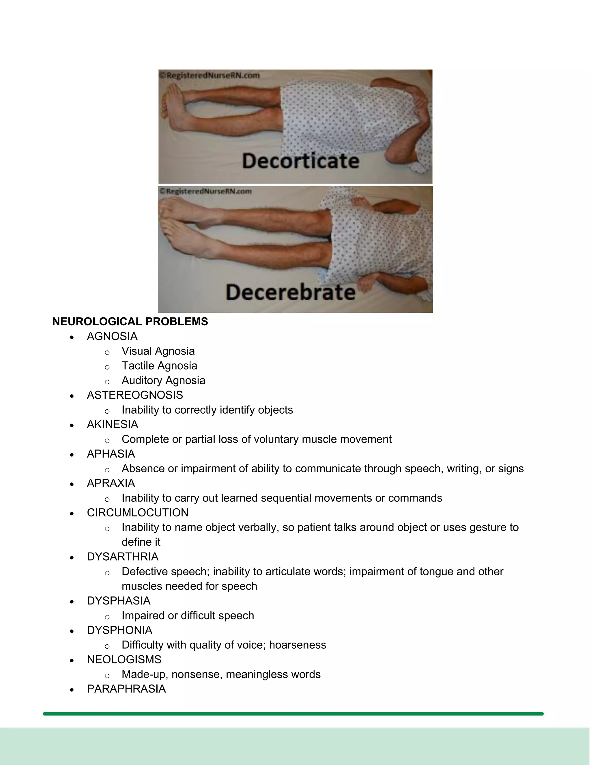 NEUROLOGICAL PROBLEMS
• AGNOSIA
o Visual Agnosia
o Tactile Agnosia
o Auditory Agnosia
• ASTEREOGNOSIS
o Inability to correctly identify objects
• AKINESIA
o Complete or partial loss of voluntary muscle movement
• APHASIA
o Absence or impairment of ability to communicate through speech, writing, or signs
• APRAXIA
o Inability to carry out learned sequential movements or commands
• CIRCUMLOCUTION
o Inability to name object verbally, so patient talks around object or uses gesture to
define it
• DYSARTHRIA
o Defective speech; inability to articulate words; impairment of tongue and other
muscles needed for speech
• DYSPHASIA
o Impaired or difficult speech
• DYSPHONIA
o Difficulty with quality of voice; hoarseness
• NEOLOGISMS
o Made-up, nonsense, meaningless words
• PARAPHRASIA
 