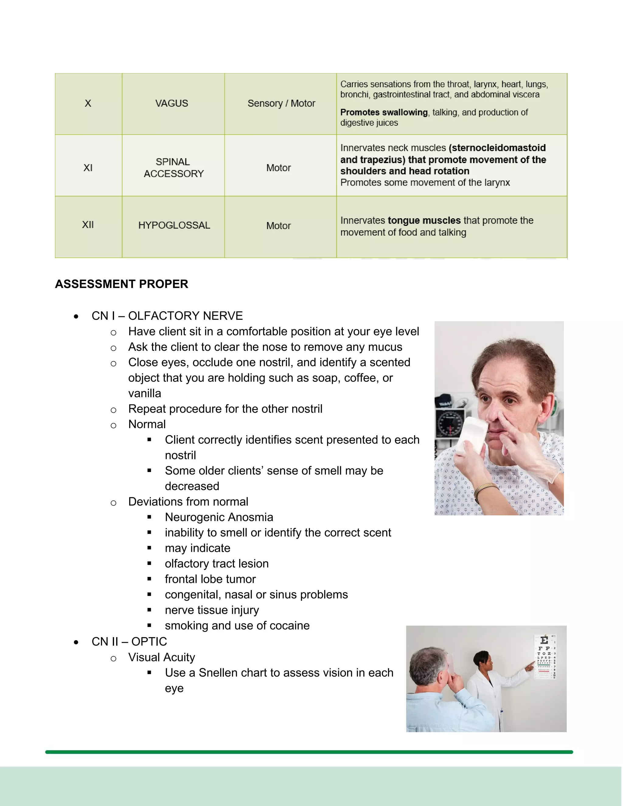 ASSESSMENT PROPER
• CN I – OLFACTORY NERVE
o Have client sit in a comfortable position at your eye level
o Ask the client to clear the nose to remove any mucus
o Close eyes, occlude one nostril, and identify a scented
object that you are holding such as soap, coffee, or
vanilla
o Repeat procedure for the other nostril
o Normal
▪ Client correctly identifies scent presented to each
nostril
▪ Some older clients’ sense of smell may be
decreased
o Deviations from normal
▪ Neurogenic Anosmia
▪ inability to smell or identify the correct scent
▪ may indicate
▪ olfactory tract lesion
▪ frontal lobe tumor
▪ congenital, nasal or sinus problems
▪ nerve tissue injury
▪ smoking and use of cocaine
• CN II – OPTIC
o Visual Acuity
▪ Use a Snellen chart to assess vision in each
eye
 