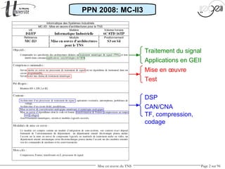 Mise en œuvre du TNS Page 2 sur 96
PPN 2008: MC-II3
Traitement du signal
Applications en GEII
Mise en œuvre
Test
DSP
CAN/CNA
TF, compression,
codage
 