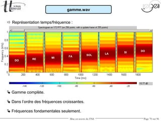 Mise en œuvre du TNS Page 70 sur 96
gamme.wav
 Représentation temps/fréquence :
 Gamme complète.
 Fréquences fondamentales seulement.
 Dans l’ordre des fréquences croissantes.
DO
RE
MI
FA
SOL
LA
SI
DO
 