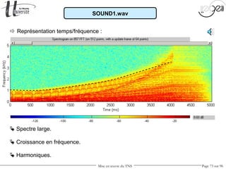 Mise en œuvre du TNS Page 73 sur 96
SOUND1.wav
 Représentation temps/fréquence :
 Spectre large.
 Harmoniques.
 Croissance en fréquence.
 