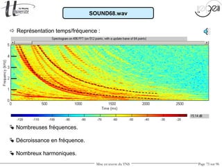 Mise en œuvre du TNS Page 75 sur 96
 Représentation temps/fréquence :
 Nombreuses fréquences.
 Nombreux harmoniques.
 Décroissance en fréquence.
SOUND68.wav
 