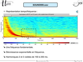 Mise en œuvre du TNS Page 78 sur 96
 Représentation temps/fréquence :
 Une fréquence fondamentale.
 Harmoniques 2 et 3 visibles de 150 à 250 ms.
 Décroissance exponentielle en fréquence.
SOUND999.wav
 