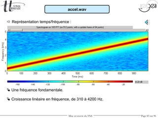 Mise en œuvre du TNS Page 83 sur 96
 Représentation temps/fréquence :
 Une fréquence fondamentale.
 Croissance linéaire en fréquence, de 310 à 4200 Hz.
accel.wav
 