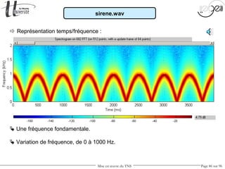 Mise en œuvre du TNS Page 86 sur 96
 Représentation temps/fréquence :
 Une fréquence fondamentale.
 Variation de fréquence, de 0 à 1000 Hz.
sirene.wav
 