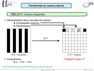 Mise en œuvre du TNS Page 91 sur 96
Transformée en cosinus discret
TCD (DCT): Contenu fréquentiel
 Décomposition dans une base de cosinus:
 Composante continue;
 Harmoniques.
http://fr.wikipedia.org/wiki/Transformée_en_cosinus_discrète
DCT
8×8 = 64 pixels 1+4 = 5 pixels
 Compression: !!! Négatif couleur !!!
 α = 5/64 = 7,8%.
 
