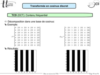Mise en œuvre du TNS Page 94 sur 96
Transformée en cosinus discret
TCD (DCT): Contenu fréquentiel
 Décomposition dans une base de cosinus:
 Exemple:
 Résultats:
0 255 0 255 0 255 0 255
0 255 0 255 0 255 0 255
0 255 0 255 0 255 0 255
0 255 0 255 0 255 0 255
0 255 0 255 0 255 0 255
0 255 0 255 0 255 0 255
0 255 0 255 0 255 0 255
0 255 0 255 0 255 0 255
p
 
 
 
 
 
 =
 
 
 
 
 
  
5 251 3 253 2 252 4 250
5 251 3 253 2 252 4 250
5 251 3 253 2 252 4 250
5 251 3 253 2 252 4 250
5 251 3 253 2 252 4 250
5 251 3 253 2 252 4 250
5 251 3 253 2 252 4 250
5 251 3 253 2 252 4 250
QFQp
 
 
 
 
 
 =
 
 
 
 
 
  
1 2 3 4 5 6 7 8
1
2
3
4
5
6
7
8
1 2 3 4 5 6 7 8
1
2
3
4
5
6
7
8
 