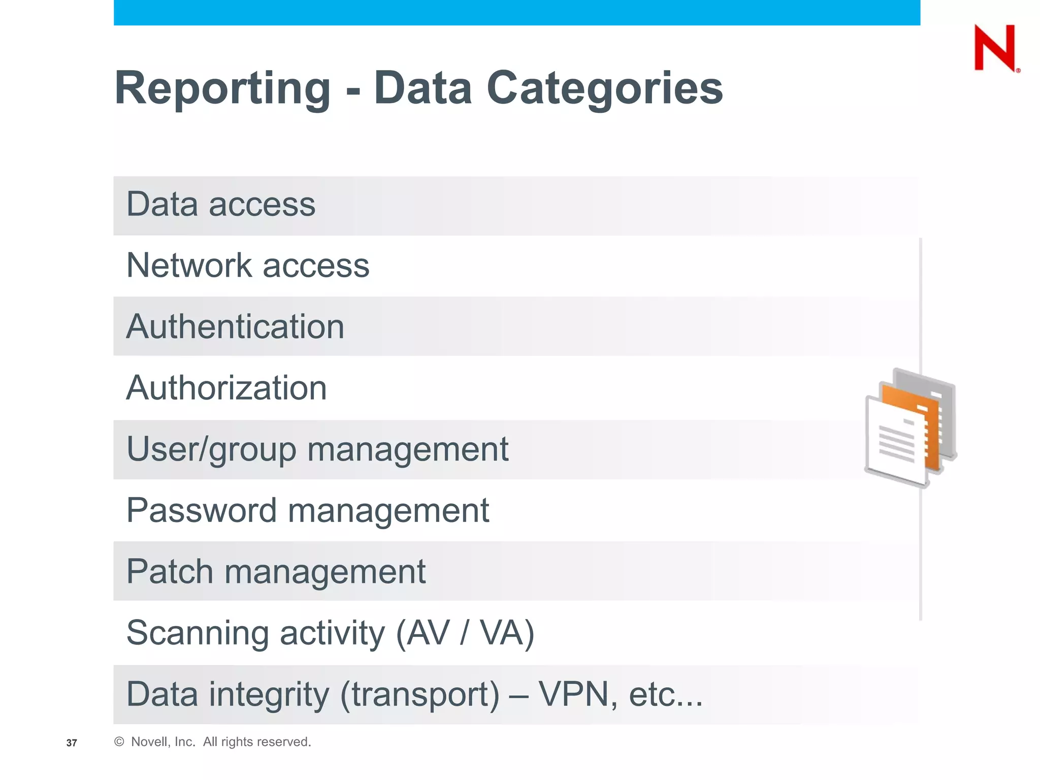 Reporting - Data Categories

       Data access
       Network access
       Authentication
       Authorization
       User/group management
       Password management
       Patch management
       Scanning activity (AV / VA)
       Data integrity (transport) – VPN, etc...
37   © Novell, Inc. All rights reserved.
 