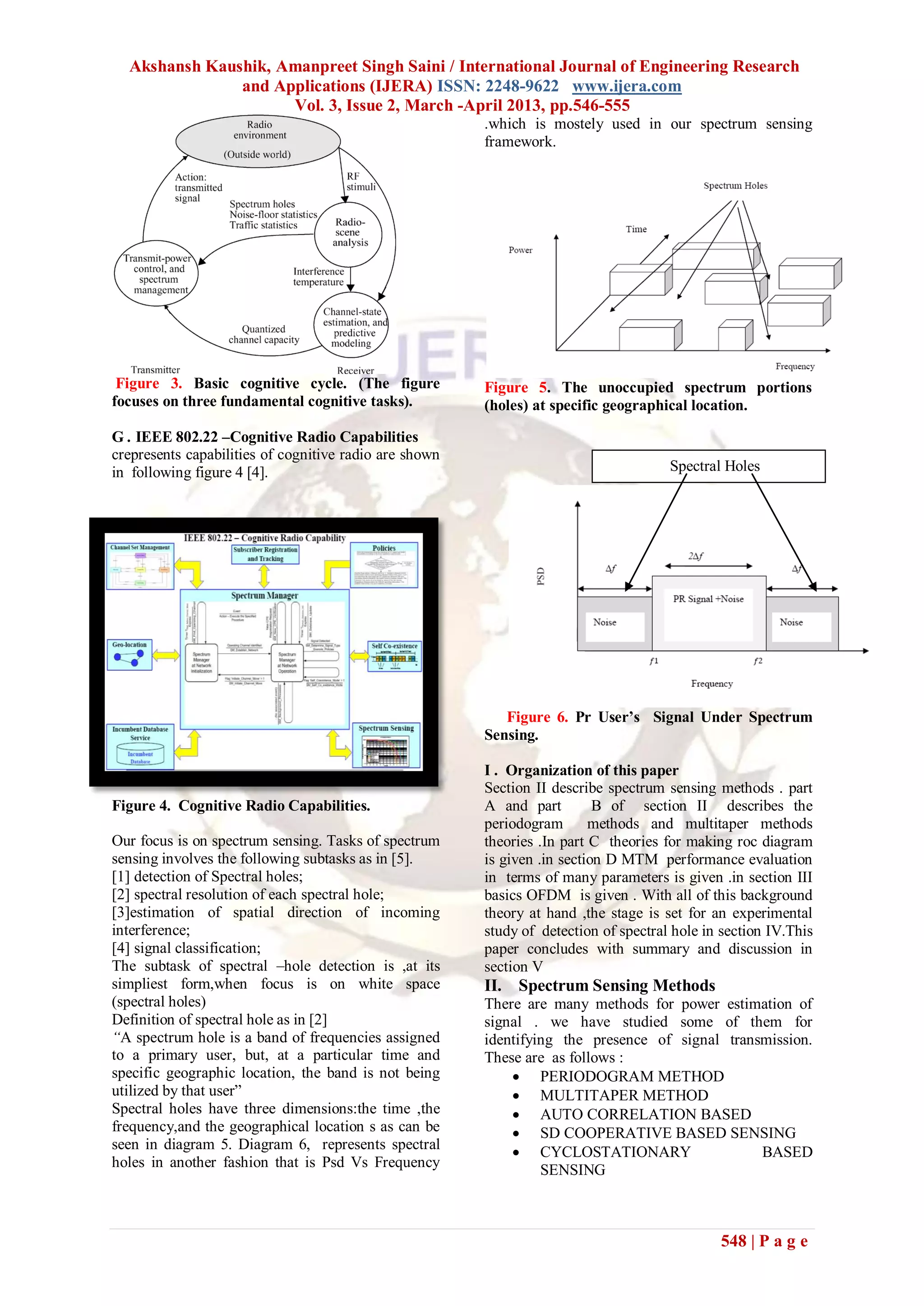 Akshansh Kaushik, Amanpreet Singh Saini / International Journal of Engineering Research
               and Applications (IJERA) ISSN: 2248-9622 www.ijera.com
                     Vol. 3, Issue 2, March -April 2013, pp.546-555
                                                        .which is mostely used in our spectrum sensing
                                                        framework.




 Figure 3. Basic cognitive cycle. (The figure           Figure 5. The unoccupied spectrum portions
focuses on three fundamental cognitive tasks).          (holes) at specific geographical location.

G . IEEE 802.22 –Cognitive Radio Capabilities
crepresents capabilities of cognitive radio are shown
in following figure 4 [4].                                                            Spectral Holes




                                                           Figure 6. Pr User’s Signal Under Spectrum
                                                        Sensing.

                                                        I . Organization of this paper
                                                        Section II describe spectrum sensing methods . part
Figure 4. Cognitive Radio Capabilities.                 A and part         B of section II describes the
                                                        periodogram       methods and multitaper methods
Our focus is on spectrum sensing. Tasks of spectrum     theories .In part C theories for making roc diagram
sensing involves the following subtasks as in [5].      is given .in section D MTM performance evaluation
[1] detection of Spectral holes;                        in terms of many parameters is given .in section III
[2] spectral resolution of each spectral hole;          basics OFDM is given . With all of this background
[3]estimation of spatial direction of incoming          theory at hand ,the stage is set for an experimental
interference;                                           study of detection of spectral hole in section IV.This
[4] signal classification;                              paper concludes with summary and discussion in
The subtask of spectral –hole detection is ,at its      section V
simpliest form,when focus is on white space             II. Spectrum Sensing Methods
(spectral holes)                                        There are many methods for power estimation of
Definition of spectral hole as in [2]                   signal . we have studied some of them for
“A spectrum hole is a band of frequencies assigned      identifying the presence of signal transmission.
to a primary user, but, at a particular time and        These are as follows :
specific geographic location, the band is not being          PERIODOGRAM METHOD
utilized by that user”                                       MULTITAPER METHOD
Spectral holes have three dimensions:the time ,the           AUTO CORRELATION BASED
frequency,and the geographical location s as can be          SD COOPERATIVE BASED SENSING
seen in diagram 5. Diagram 6, represents spectral
                                                             CYCLOSTATIONARY                   BASED
holes in another fashion that is Psd Vs Frequency                SENSING



                                                                                              548 | P a g e
 
