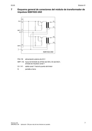 03.05 Edición 01
Siemens AG 7
SIMOREG CM Aplicación CM para más de tres tiristores en paralelo
7 Esquema general de conexiones del módulo de transformador de
impulsos 6QN1022-3AD
P24
IMP1
G1
H1
G2
H2
X1
13
4
1
10
S
IMP2
M
6QN1022-3AD
P24 / M: alimentación externa de 24 V
IMP1 / M: hacia X21A/X22A de A7042 del CM o X4 del SA31,
entrada de impulsos canal 1
G1 / H1: salida canal 1 hacia la puerta del tiristor
S: pantalla a tierra
 