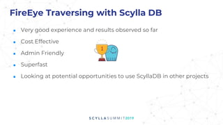 FireEye Traversing with Scylla DB
■ Very good experience and results observed so far
■ Cost Effective
■ Admin Friendly
■ Superfast
■ Looking at potential opportunities to use ScyllaDB in other projects
 