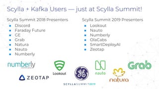 Scylla + Kafka Users — just at Scylla Summit!
Scylla Summit 2018 Presenters
■ Discord
■ Faraday Future
■ GE
■ Grab
■ Natura
■ Nauto
■ Numberly
Scylla Summit 2019 Presenters
■ Lookout
■ Nauto
■ Numberly
■ OlaCabs
■ SmartDeployAI
■ Zeotap
 