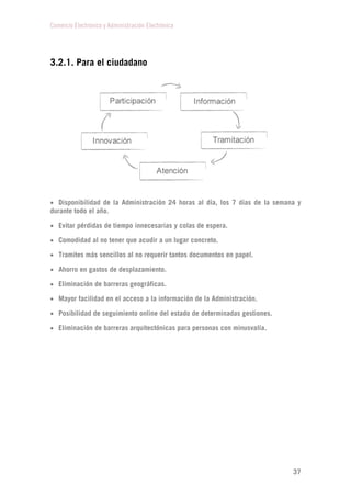 Comercio Electrónico y Administración Electrónica
37
3.2.1. Para el ciudadano
 Disponibilidad de la Administración 24 horas al día, los 7 días de la semana y
durante todo el año.
 Evitar pérdidas de tiempo innecesarias y colas de espera.
 Comodidad al no tener que acudir a un lugar concreto.
 Tramites más sencillos al no requerir tantos documentos en papel.
 Ahorro en gastos de desplazamiento.
 Eliminación de barreras geográficas.
 Mayor facilidad en el acceso a la información de la Administración.
 Posibilidad de seguimiento online del estado de determinadas gestiones.
 Eliminación de barreras arquitectónicas para personas con minusvalía.
 
