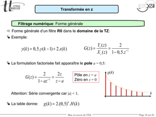 Mise en œuvre du TNS Page 18 sur 60
Transformée en z
Filtrage numérique: Forme générale
 Exemple:
 Forme générale d’un filtre RII dans le domaine de la TZ:
( ) 0,5. ( 1) 2. ( )y k y k x k= − + 1
( ) 2
( )
( ) 1 0,5.
z
z
Y z
G z
X z z−
= =
−
 La formulation factorisée fait apparaître le pole a = 0,5:
1
2 2
( )
1
z
G z
z aaz−
= =
−−
g(k)
kAttention: Série convergente car |a| < 1.
Pôle en z = a
Zéro en z = 0
 La table donne: ( ) 2.(0,5) . ( )k
g k H k=
 