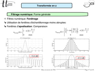 Mise en œuvre du TNS Page 37 sur 60
Transformée en z
Filtrage numérique: Forme générale
 Utilisation de fenêtres d'échantillonnage moins abruptes:
 Filtres numérique: Fenêtrage
 Fenêtres d'apodisation: Comparaison
−13,3 dB
−31,5 dB
Rectangle
1
1 si
( ) 2
0 sinon
N
k
w k
−
≤
= 

Hanning
1 2 1
1 cos si
( ) 2 1 2
0 sinon
k N
k
w k N
π   − 
− ≤  ÷ ÷= −   


 