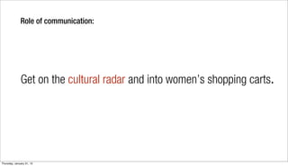 Role of communication:




              Get on the cultural radar and into women’s shopping carts.




Thursday, January 31, 13
 