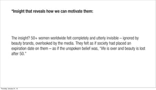 *Insight that reveals how we can motivate them:




               The insight? 50+ women worldwide felt completely and utterly invisible – ignored by
               beauty brands, overlooked by the media. They felt as if society had placed an
               expiration date on them – as if the unspoken belief was, “life is over and beauty is lost
               after 50.”




Thursday, January 31, 13
 