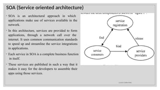 SOA (Service oriented architecture)
◦ SOA is an architectural approach in which
applications make use of services available in the
network.
◦ In this architecture, services are provided to form
applications, through a network call over the
internet. It uses common communication standards
to speed up and streamline the service integrations
in applications.
◦ Each service in SOA is a complete business function
in itself.
◦ These services are published in such a way that it
makes it easy for the developers to assemble their
apps using those services.
CLOUD COMPUTING
 