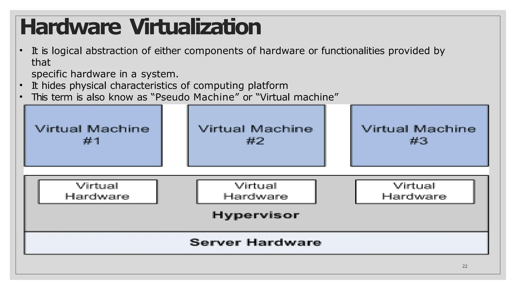 Hardware Virtualization
• It is logical abstraction of either components of hardware or functionalities provided by
that
specific hardware in a system.
• It hides physical characteristics of computing platform
• This term is also know as “Pseudo Machine” or “Virtual machine”
22
 
