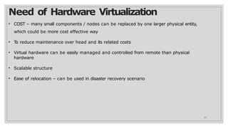 Need of Hardware Virtualization
23
• COST – many small components / nodes can be replaced by one larger physical entity,
which could be more cost effective way
• To reduce maintenance over head and its related costs
• Virtual hardware can be easily managed and controlled from remote than physical
hardware
• Scalable structure
• Ease of relocation – can be used in disaster recovery scenario
 