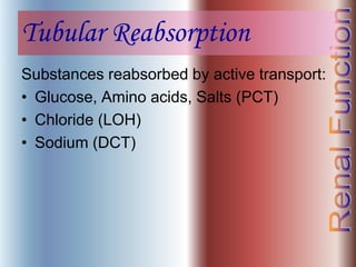 Tubular Reabsorption
Substances reabsorbed by active transport:
• Glucose, Amino acids, Salts (PCT)
• Chloride (LOH)
• Sodium (DCT)
 