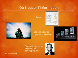 Où trouver l’information

                              Brevet




                            Lancement des
                            nouveaux produits




                    Rencontre avec les
                    experts, les
                    développeurs…
IDI - Groupe 6                                  3
 